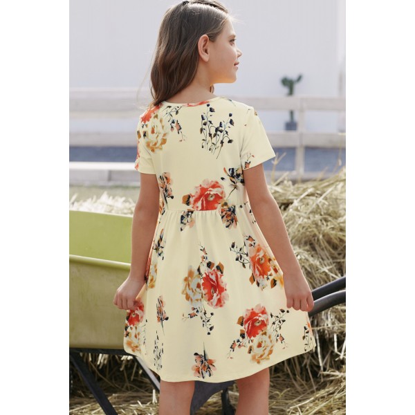 Short Sleeve Pocketed Children's Floral Dress Short Sleeve Pocketed Children's Floral Dress