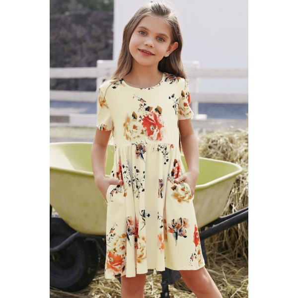 Short Sleeve Pocketed Children's Floral Dress Short Sleeve Pocketed Children's Floral Dress