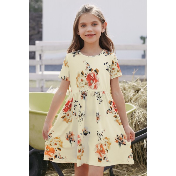 Short Sleeve Pocketed Children's Floral Dress Short Sleeve Pocketed Children's Floral Dress