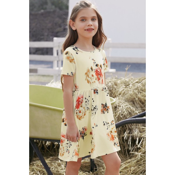 Short Sleeve Pocketed Children's Floral Dress Short Sleeve Pocketed Children's Floral Dress