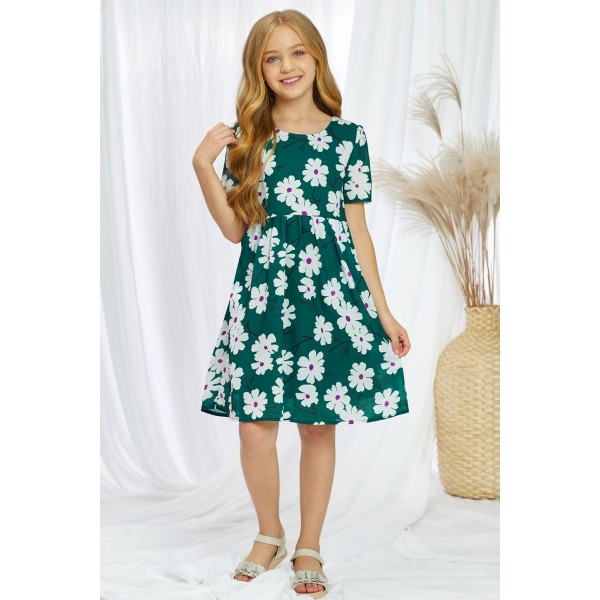 Green Crewneck Short Sleeve Pockets Floral Girl's Midi Dress