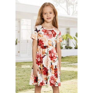 Crewneck Short Sleeve Floral Girl's Midi...
