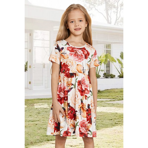 Crewneck Short Sleeve Floral Girl's Midi...