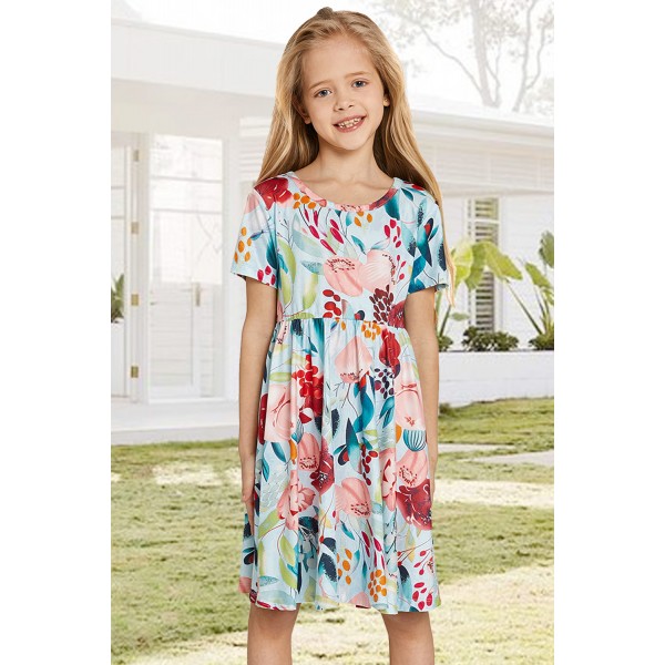 Sky Blue Crewneck Short Sleeve Floral Gi...