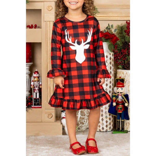 Girls Plaid Reindeer Graphic Ruffled Dre...