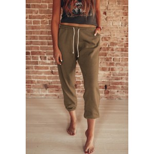 Khaki Drawstring Waist Pockets Sweatpant...