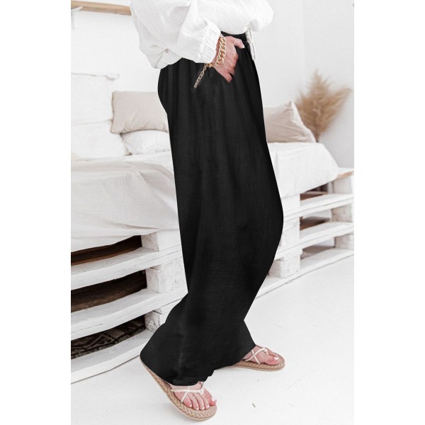 Black High Waist Drawstring Wide Legs Casual Pants