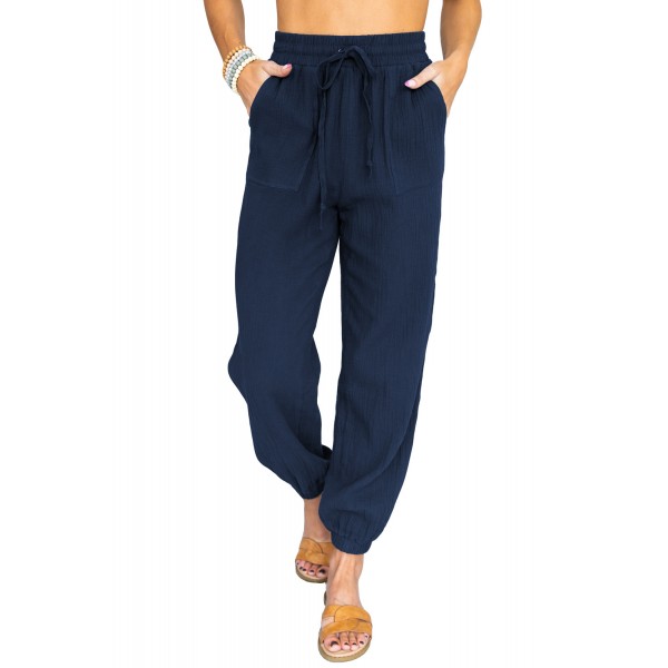 Blue Drawstring Elastic Waist Joggers with Pockets