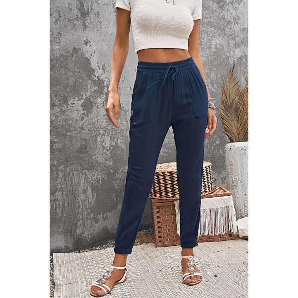 Blue Drawstring Elastic Waist Joggers wi...