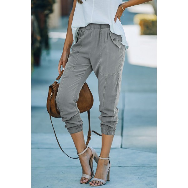 Gray Casual Pocketed Elastic Waist Jogge...