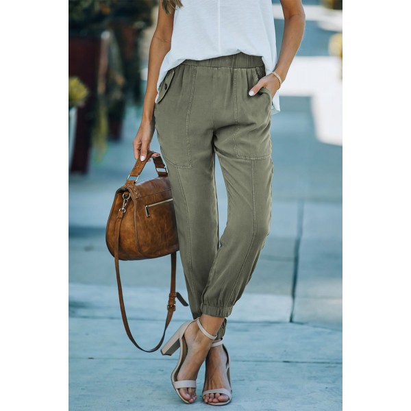 Green Casual Pocketed Elastic Waist Jogg...