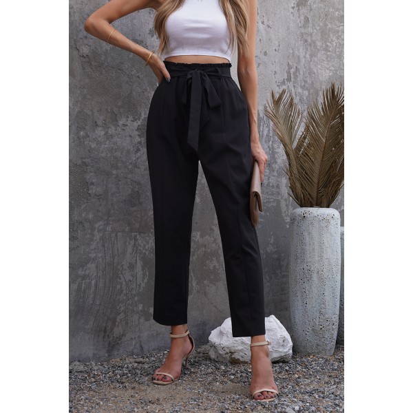 Black Casual Paperbag Waist Straight Leg...