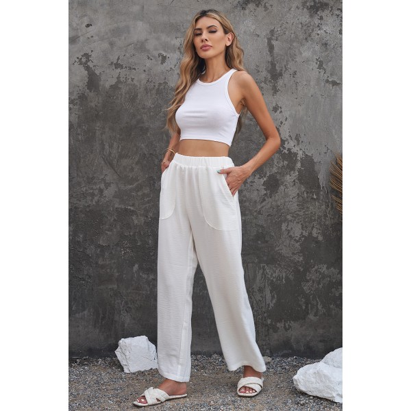 White Elastic Waist Pocketed Wide Leg Pa...