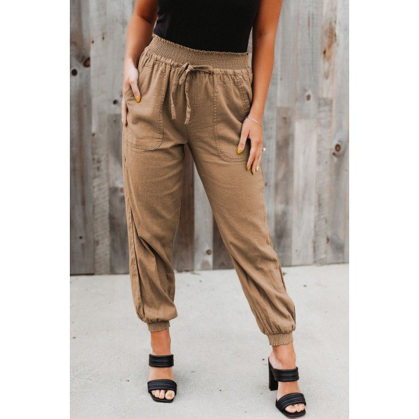 Khaki Elastic Waist Jogger Pants with Po...
