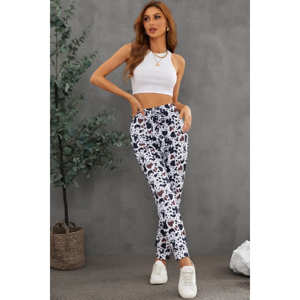 Drawstring Elastic Waist Cow Print Pants