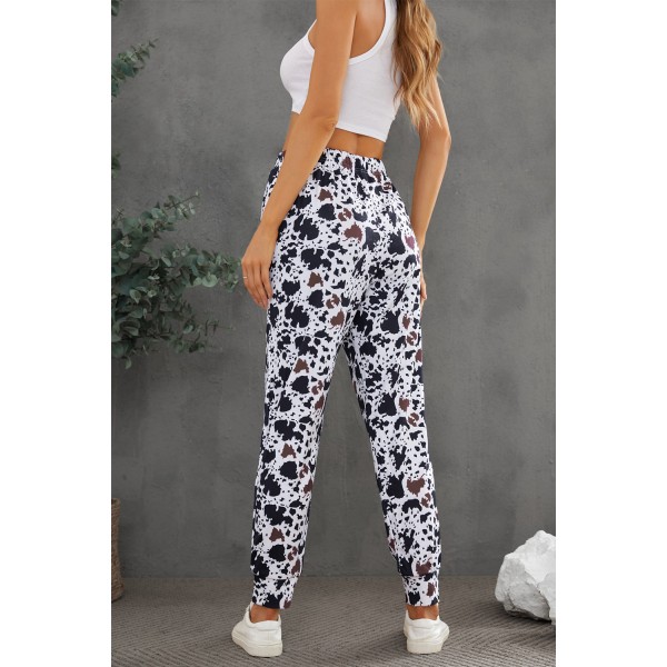 Drawstring Elastic Waist Cow Print Pants