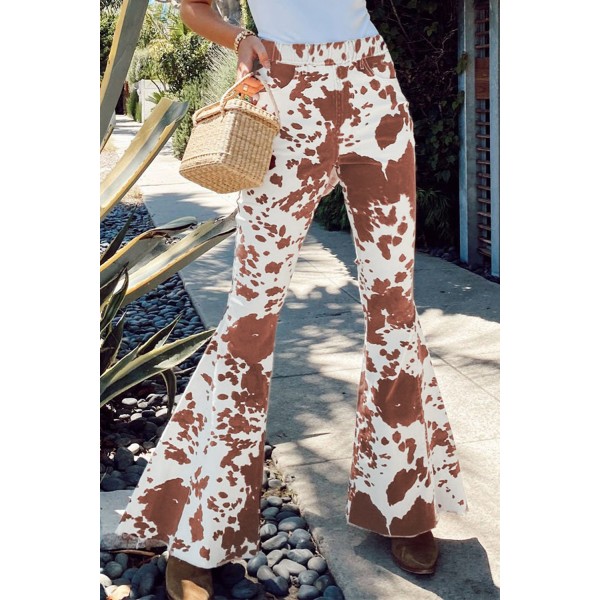 Brown Cow Print High Waisted Flared Pant...