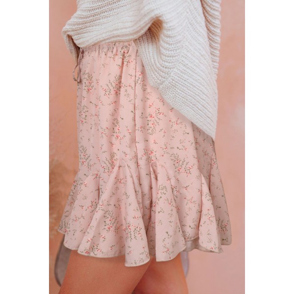 Apricot Ruffled Floral Mini Skirt