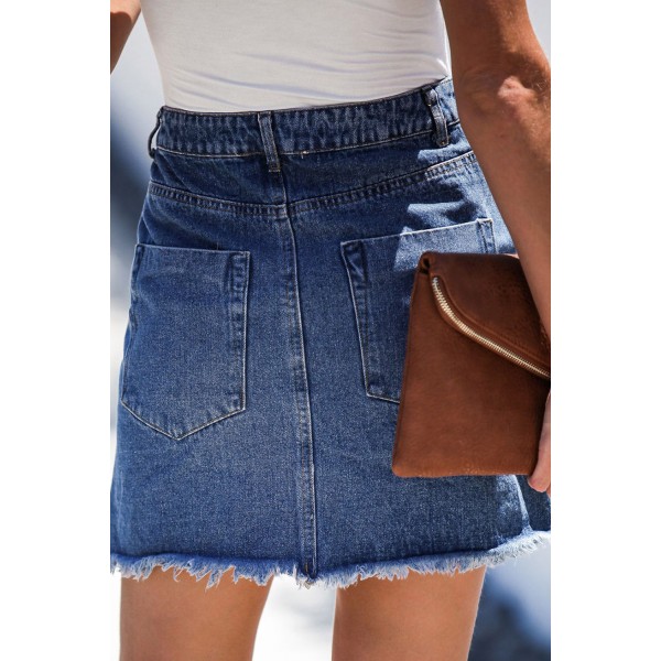 Blue Pocketed Raw Hemline Short Denim Skirt