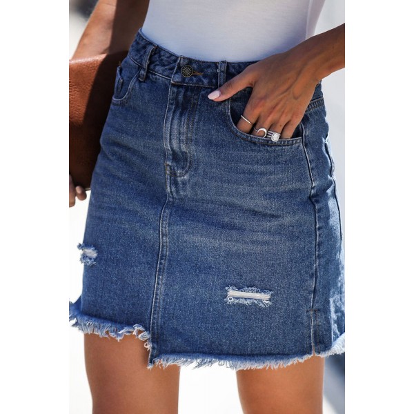 Blue Pocketed Raw Hemline Short Denim Sk...