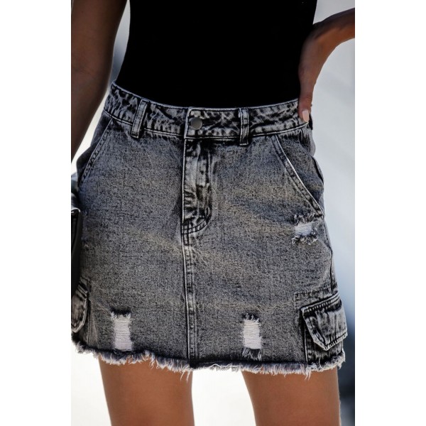 Black High Waist Distressed Denim Mini S...