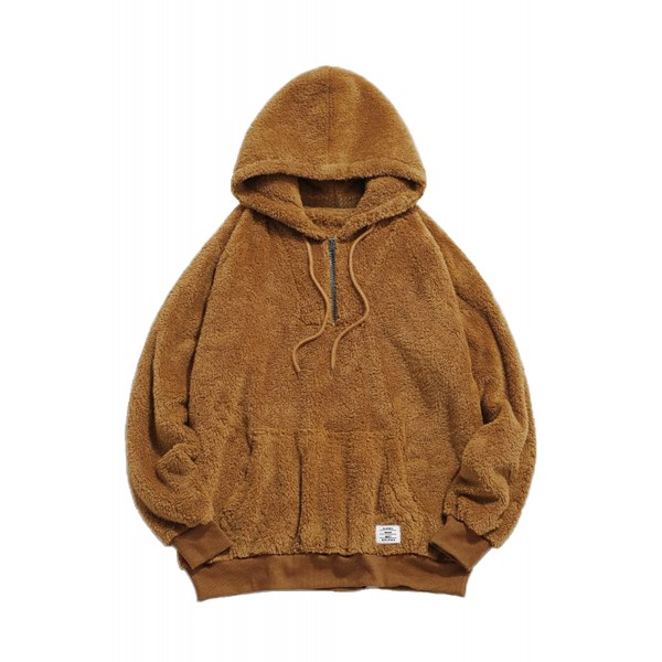 Brown 1/4 Zip Fleece Men's Hoodie with Pocket