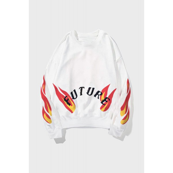 White Letters Flame Print Crew Neck Men'...