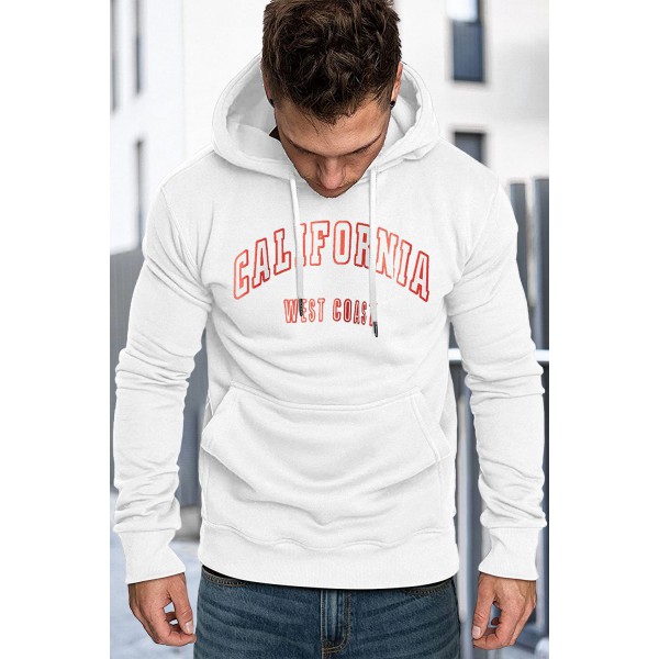 White Letter Print Men's Hoodie with Kan...