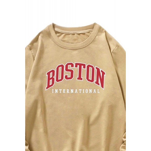Khaki BOSTON Letters Print Crew Neck Men's Pullover Sweatshirt Khaki BOSTON Letters Print Crew Neck Men's Pullover Sweatshirt
