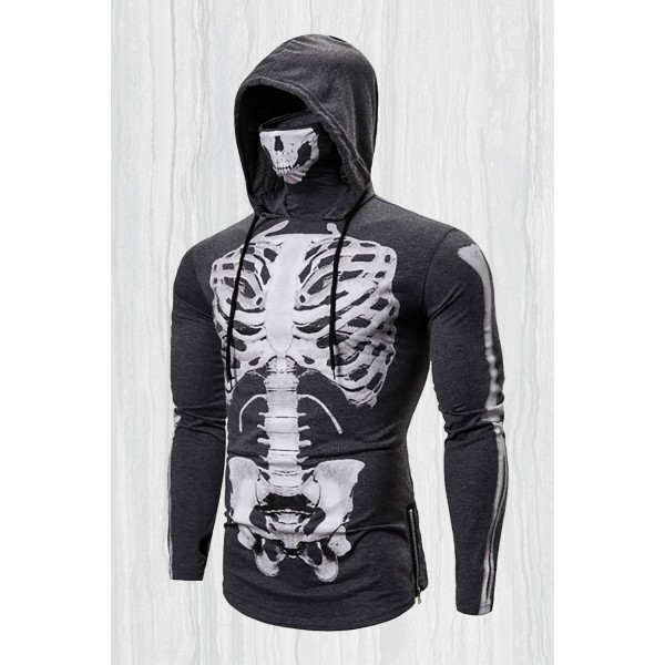 Gray Halloween Skeleton Print Slim-fit M...
