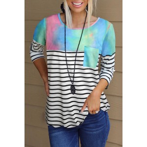 Stripe Tie-dyed Print Pocket 3/4 Sleeve ...