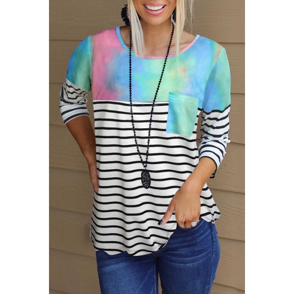 Stripe Tie-dyed Print Pocket 3/4 Sleeve ...