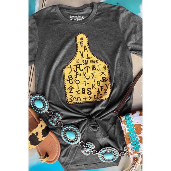 Solid Color Ox Horn Tag Graphic Gray T Shirt