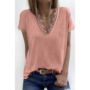 Pink V Neck Lace Trim Short Sleeve Top...