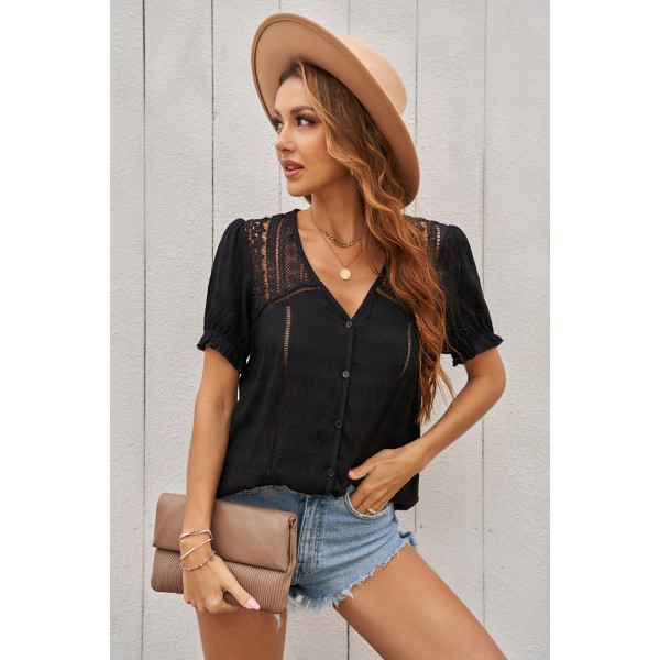 Black V Neck Lace Crochet Short Sleeve S...