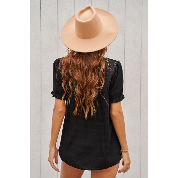 Black V Neck Lace Crochet Short Sleeve Shirt